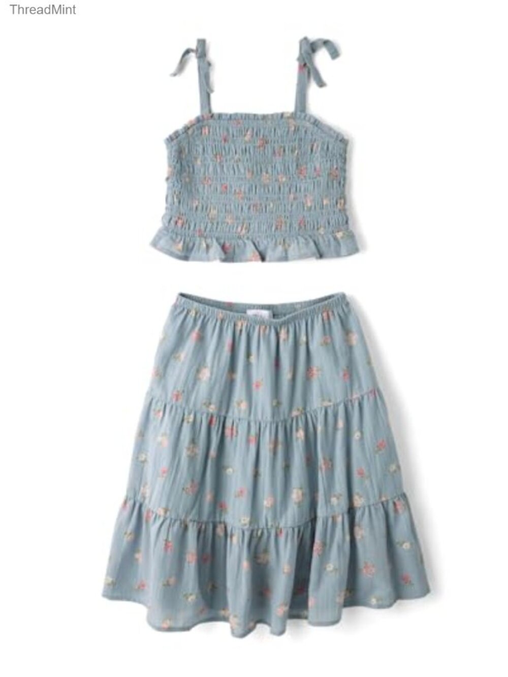 Girls Smocked Top and Skirt 2-Piece Set 100% Cotton Floral Ruffle